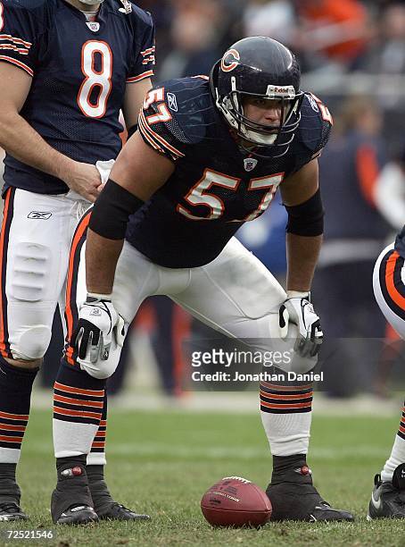 Center Olin Kreutz of the Chicago Bears gets ready at the line of scrimmage during the game against the Miami Dolphins on November 5, 2006 at Soldier...