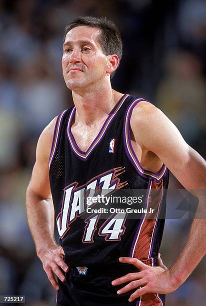 Jeff Hornacek of the Utah Jazz looks on during the NBA Western Conference Playoffs Round One Game against the Seattle SuperSonics at Key Arena in...