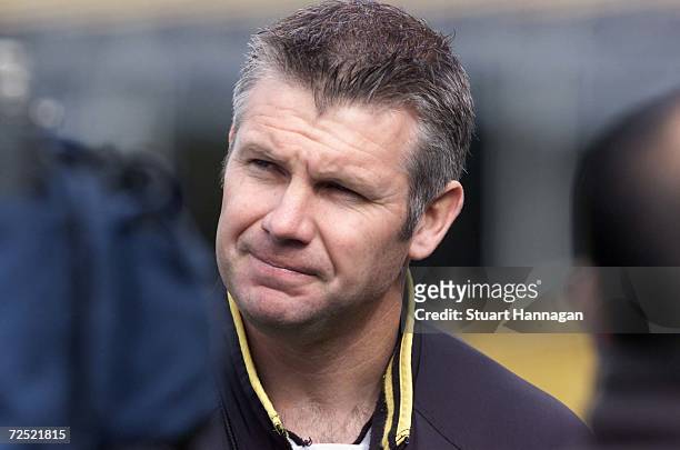 Danny Frawley coach of the Richmond Tigers participates in a press conference , during the Richmond Tigers training session held at Punt Road Oval in...