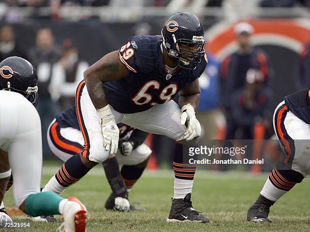 Fred Miller of the Chicago Bears gets ready on the field during the game against the Miami Dolphins on November 5, 2006 at Soldier Field in Chicago,...