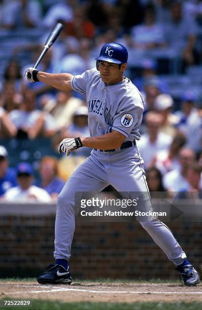 Johnny Damon of the Kansas City Royals swings the bat during the game against the Chicago Cubs at Wrigley Field in Chicago, Illinois. The Cubs...