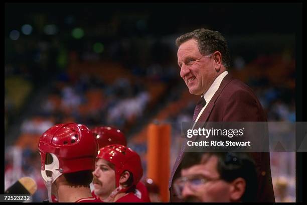 Calgary Flames coach Bob Johnson during a Flames game versus the Los Angeles Kings at the Forum in Inglewood, California. Mandatory Credit: Rick...