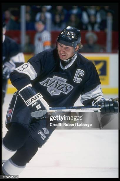 Center Wayne Gretzky of the Los Angeles Kings moves down the ice during a game against the Montreal Canadiens at Montreal Forum in Montreal, Quebec....