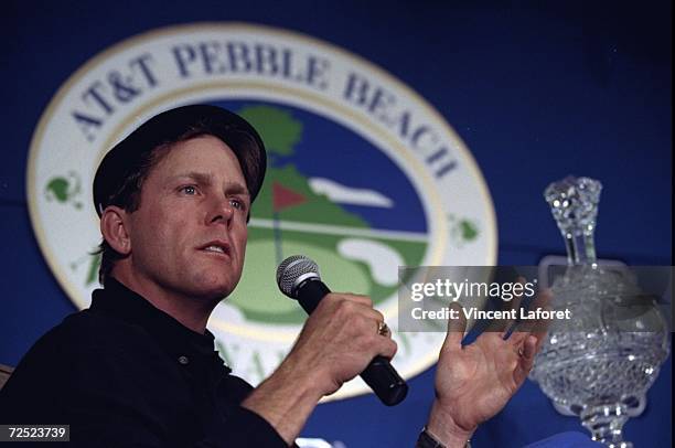 Payne Stewart talks to reporters during a press conference at the AT&T Pebble Beach National Pro-Am in Pebble Beach, California. Mandatory Credit:...