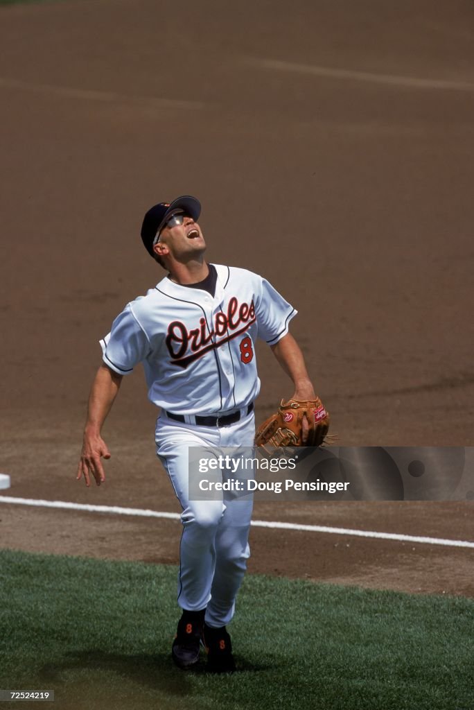 Cal Ripken of Baltimore Orioles runs to catch the ball during the ...
