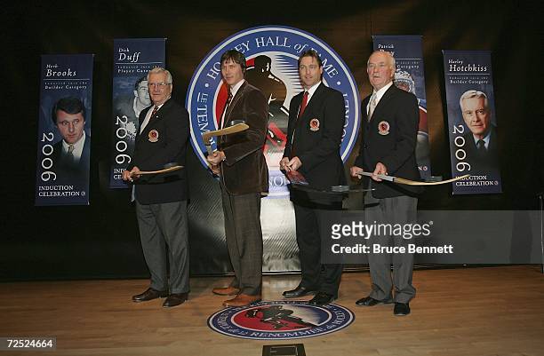 Hockey Hall of Fame inductees, Harley Hotchkiss, Dan Brooks , Patrick Roy, and Dick Duff pose during a photo opportunity prior to the Hockey Hall of...