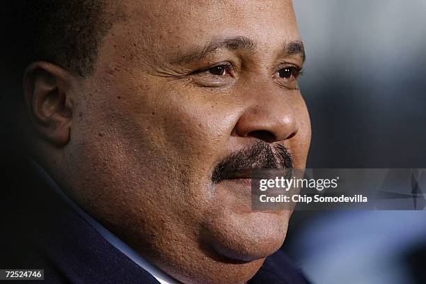 Martin Luther King III, son of slain civil rights leader Martin Luther King Jr., speaks to reporters before the groundbreaking ceremony of the Martin...