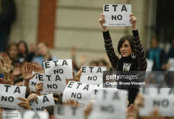 Students protest against the Basque separatist group ETA in Plaza Puerta Del Sol on March 12, 2004 in central Madrid, Spain. At least 198 people were...