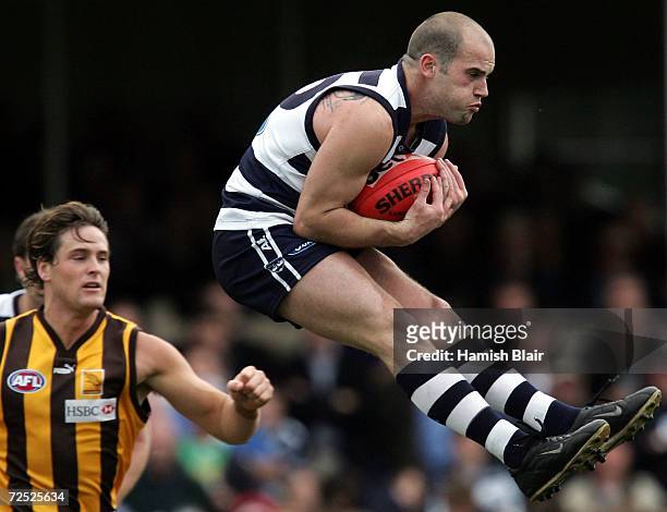 Paul Chapman for Geelong marks in front of Trent Croad for Hawthorn during the round twenty two AFL match between the Geelong Cats and the Hawthorn...