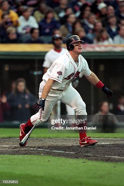 Jim Thome of the Cleveland Indians hits a grand slam during the game against the Boston Red Sox at Jacobs Field in Cleveland, Ohio. The Indians...
