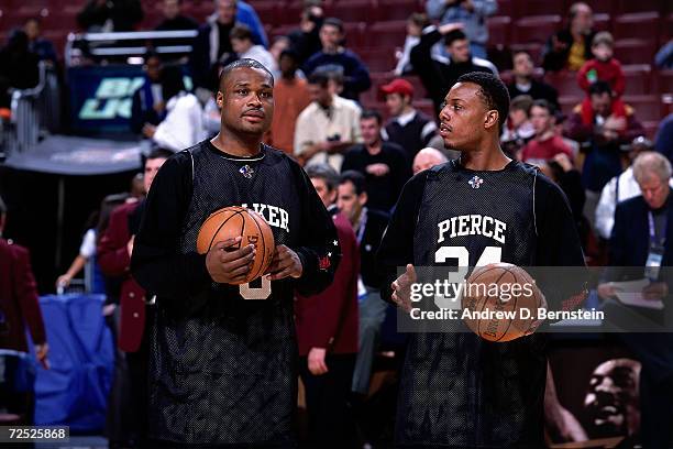 Antoine Walker and Paul Pierce of the Boston Celtics during practice before the 2002 NBA All Star Game at the First Union Center in Philadelphia,...