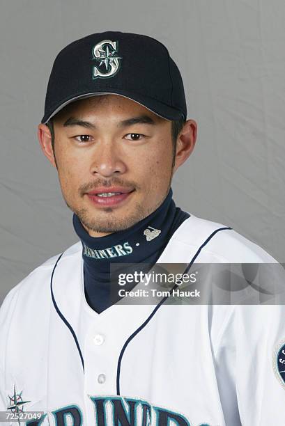 Ichiro Suzuki of the Seattle Mariners poses for a photo during Team Photo Day at the Mariners Spring Training in Peoria, Az. Digital Photo. Photo by...