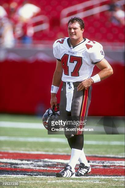 Safety John Lynch of the Tampa Bay Buccaneers looks on during the game against the Carolina Panthers at the Raymond James Stadium in Tampa Bay,...