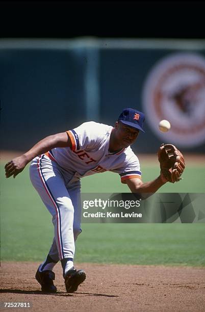 Lou Whitaker of the Detroit Tigers fields a ball during a game against the California Angels in Anaheim, California. Mandatory Credit: Ken Levine...