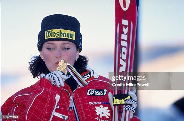 Alexandra Meissnitzer of Austria kisses her medal from the Womens Super G during the World Alpine Ski Championship in Vail, Beaver Creek, Colorado....