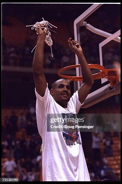 Grant Hill of the Duke Blue Devils cuts the net in celebration of victory over the Purdue Boilermakers in the NCAA Southeast Region final at the...