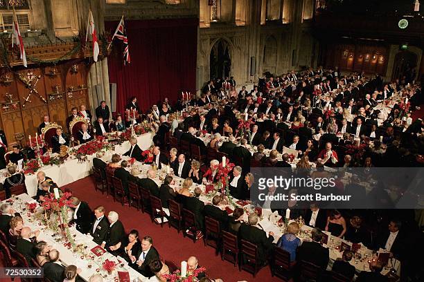 Guests attend the Lord Mayor's Banquet at the Guildhall in the City of London on November 13, 2006 in London, England. Britain's Prime Minister Tony...