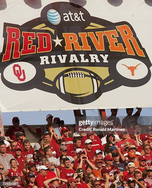 General view of the Rivalry banner hung above fans during the Red River Shootout between the Texas Longhorns and the Oklahoma Sooners at the Cotton...