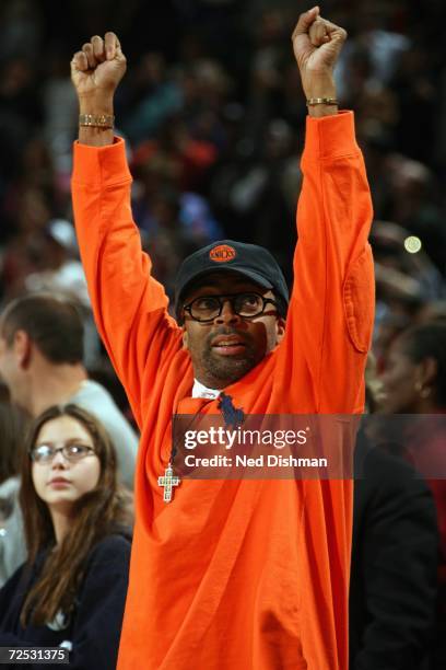 Director Spike Lee stands and cheers during a game between the New York Knicks and the San Antonio Spurs at Madison Square Garden on November 6, 2006...