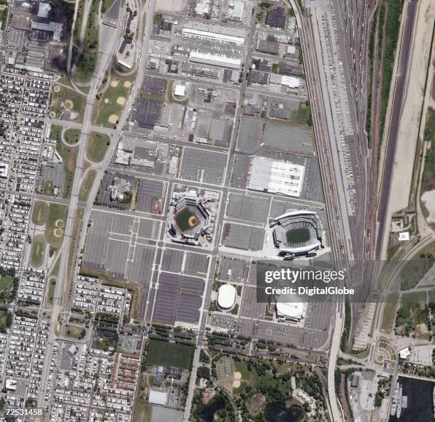 This is a satellite image of Citizens Bank Park of the Major League Baseball Phillies and the Lincoln Financial Field of the NFL Eagles in...