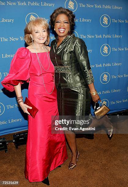 Television journalist Barabra Walters poses with honoree Oprah Winfrey at The New York Public Library's Annual Library Lions Gala at The New York...