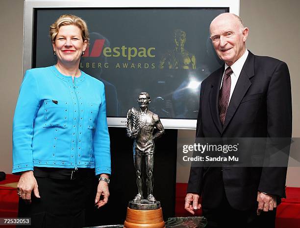 Ann Sherry CEO of Westpac and Sir Murray Halberg pose after the Halberg Trust announced Westpac as their naming sponsor for the awards at Sky City...