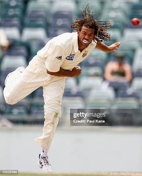 Andrew Symonds of the Bulls balls during day three of the Pura Cup match between the Western Australia Warriors and the Queensland Bulls at the WACA...