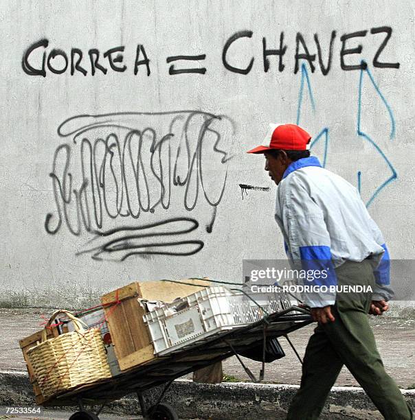 Man passes by a graffiti at a street of Quito, 11 October 2006. Correa has a solid lead, at 37 percent, and is trailed by moderate socialist Leon...