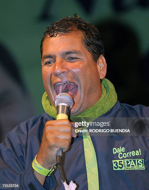Presidential candidate Rafael Correa, of the Country Alliance party, delivers a speech during the final rally of his campaign on October 12th in...