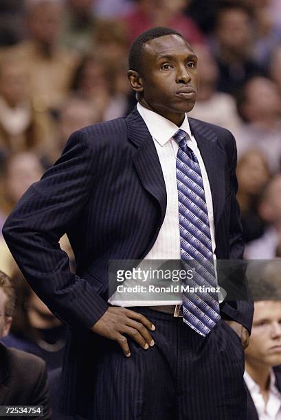 Head coach Avery Johnson of the Dallas Mavericks looks across the court during the game against the San Antonio Spurs at American Airlines Center on...