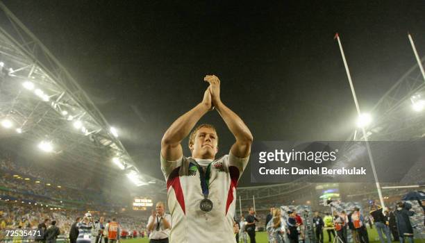 Jonny Wilkinson of England celebrates after England won the Rugby World Cup Final match between Australia and England at Telstra Stadium November 22,...