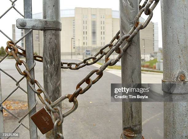 Locked gate is seen at the United Center, home of the NHL Chicago Blackhawks hockey team October 14, 2004 in Chicago, Illinois. The National Hockey...