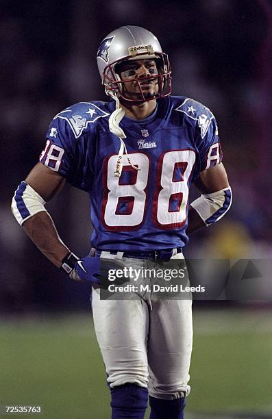 Wide receiver Terry Glenn of the New England Patriots looks on during the game against the New York Jets at the Foxboro Stadium in Foxboro,...