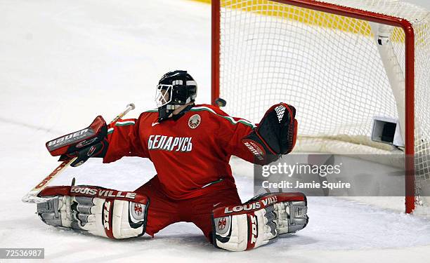 Goalkeeper Andrei Shabanov of Belarus failed to stop the goa lduring ice hockey semifinals game against Canada at the Salt Lake City Winter Olympic...