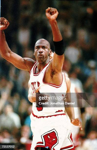 Michael Jordan of the Chicago Bulls celebrates during game four of the NBA Finals against the Phoenix Suns.