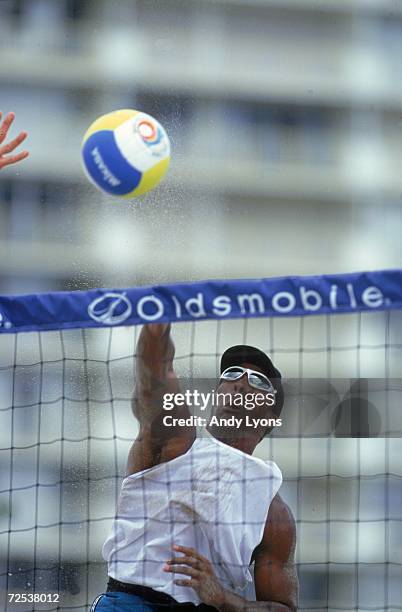 Dain Blanton hits the ball during the 2000 Oldsmobile Alero Beach Volleyball - US Olympic Challenge Series in Deerfield Beach, Florida. Mandatory...