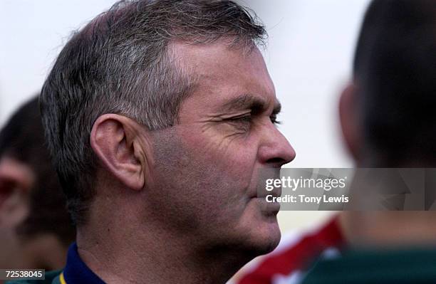 Irish coach Brian McEniff speaks to his players at a training session prior to the Australia v Ireland International Rules football match to be...