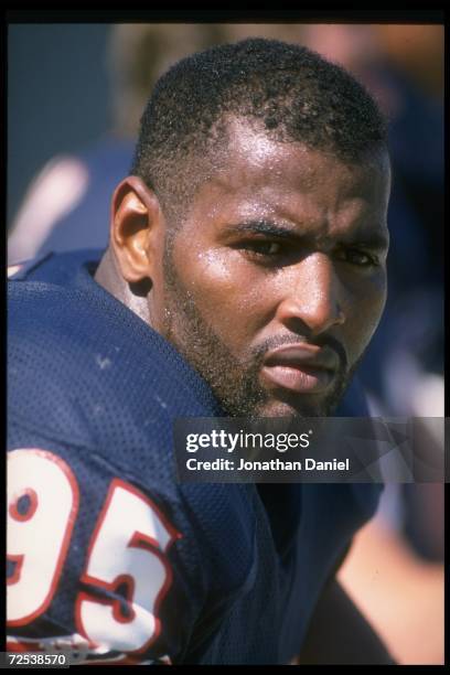 Defensive lineman Richard Dent of the Chicago Bears looks on during a game against the Cincinnati Bengals at Riverfront Stadium in Cincinnati, Ohio....