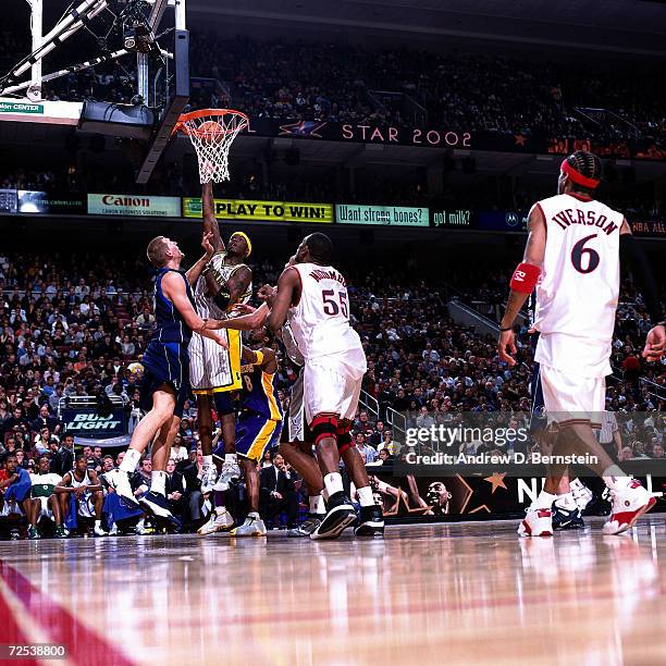 Jermaine O''Neal of the Indiana Pacers goes for a layup during the 2002 NBA All Star Game at the First Union Center in Philadelphia,...