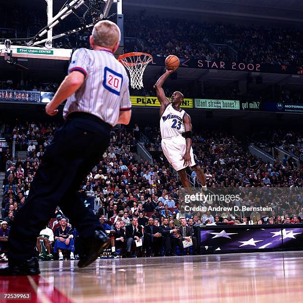 Michael Jordan of the Washington Wizards goes for a dunk during the 2002 NBA All Star Game at the First Union Center in Philadelphia, Pennsylvania....