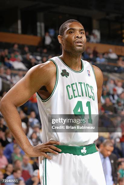 Michael Olowokandi of the Boston Celtics looks on during the game against the Charlotte Bobcats on November 8, 2006 at TD Banknorth Garden in Boston,...