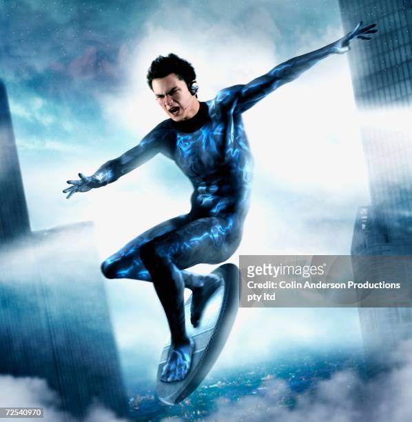 computer generated image of male super hero flying though air on board - helden stock-grafiken, -clipart, -cartoons und -symbole