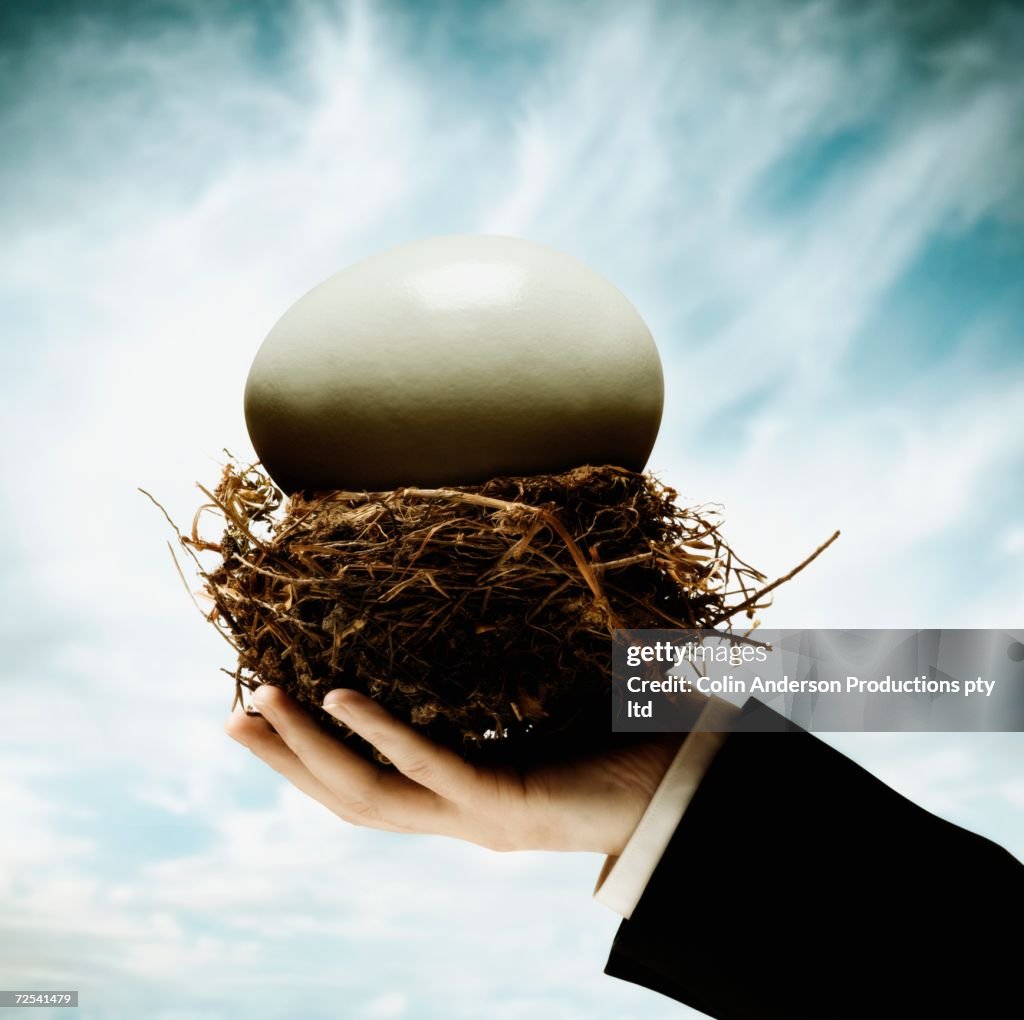 Businessman's hand holding nest with large egg