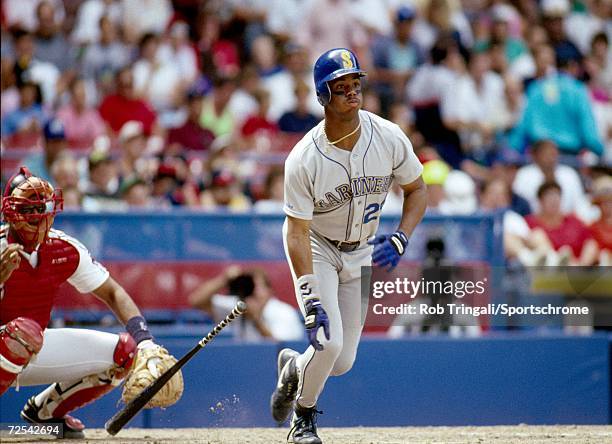 Outfielder Ken Griffey Jr of the Seattle Mariners bats against the Cleveland Indians at Municipal Stadium in Cleveland, Ohio.