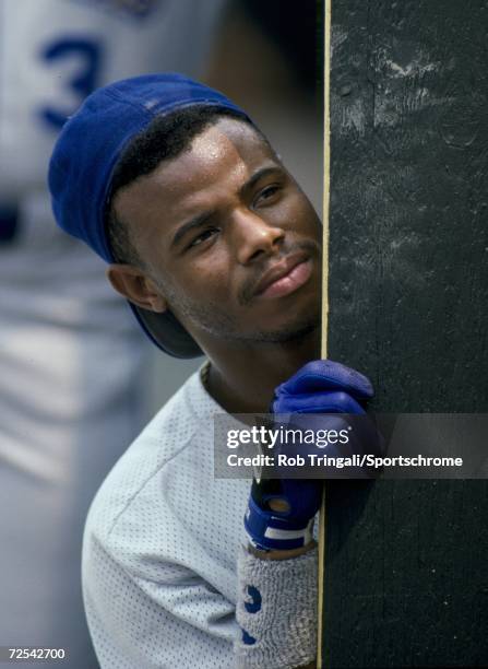 Outfielder Ken Griffey Jr of the Seattle Mariners looks on against the Baltimore Orioles at Memorial Stadium in Baltimore, Maryland.