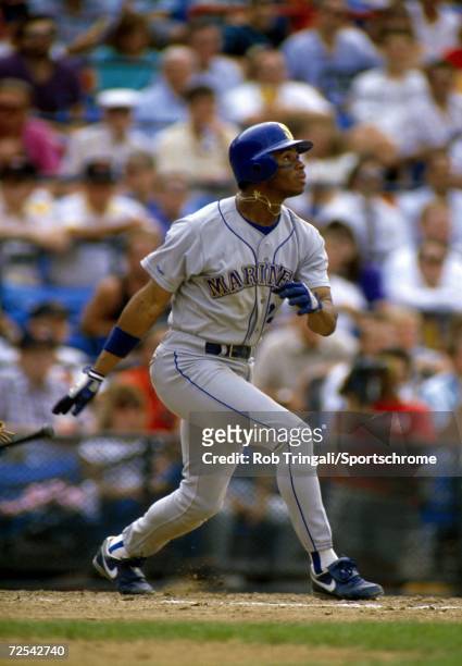 Outfielder Ken Griffey Jr of the Seattle Mariners bats against the Baltimore Orioles at Memorial Stadium in Baltimore, Maryland.