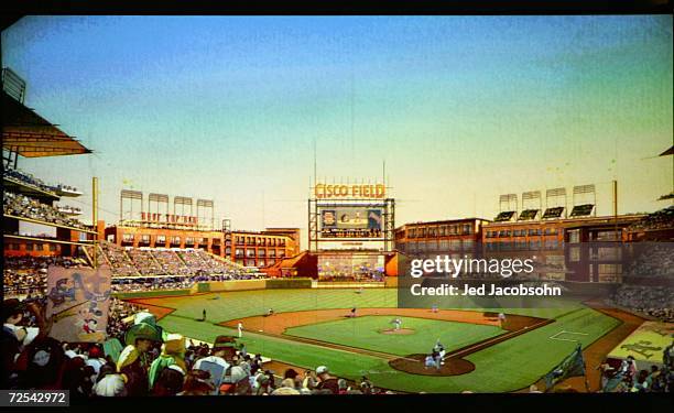 An artist rendering of the new Cisco Field at a press conference announcing the building of a new ballpark in Fremont, California, on land owned by...