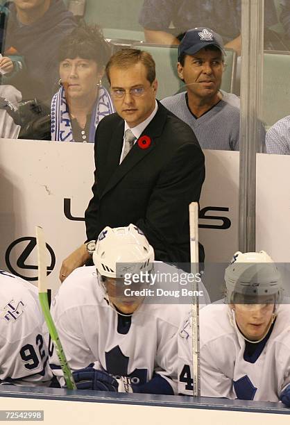 Head coach Paul Maurice of the Toronto Maple Leafs looks on against the Florida Panthers at BankAtlantic Center on November 2, 2006 in Sunrise,...