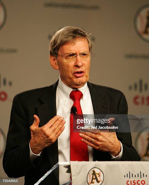 Major League Baseball Commisioner Bud Selig speaks during a press conference announcing the building of a new ballpark for the Oakland Athletics in...