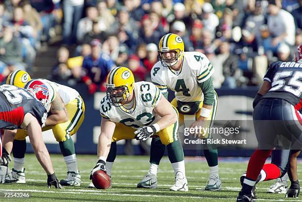 Quarterback Brett Favre of the Green Bay Packers readies to call the hike from Scott Wells during the game against the Buffalo Bills on November 5,...